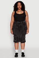 Womens Plus Daisy Frayed Hem Denim Cargo Shorts,