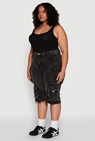 Womens Plus Daisy Frayed Hem Denim Cargo Shorts,