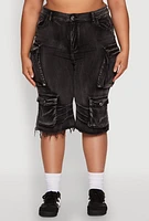 Womens Plus Daisy Frayed Hem Denim Cargo Shorts,