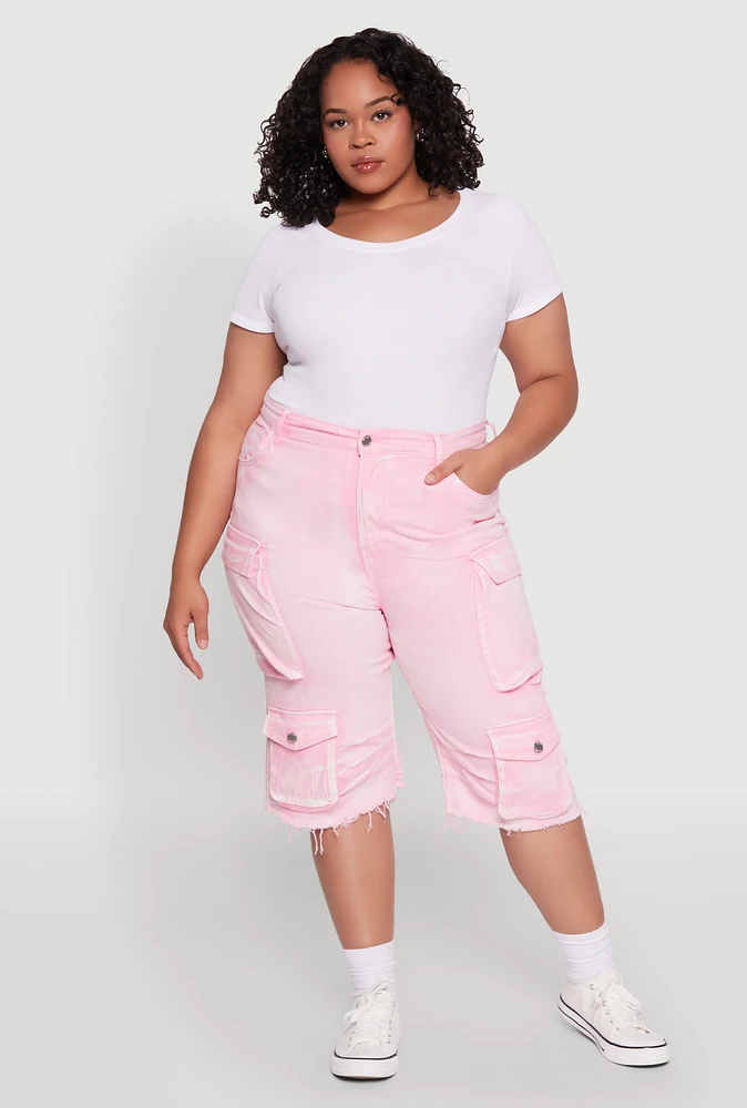 Womens Plus Size Daisy Frayed Hem Denim Cargo Shorts, Pink, Size 3X