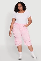 Womens Plus Size Daisy Frayed Hem Denim Cargo Shorts, Pink, Size 3X