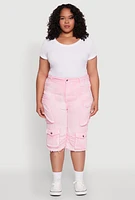 Womens Plus Size Daisy Frayed Hem Denim Cargo Shorts, Pink, Size 3X