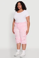 Womens Plus Size Daisy Frayed Hem Denim Cargo Shorts, Pink, Size 3X