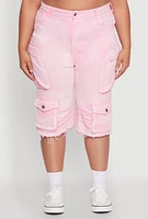 Womens Plus Size Daisy Frayed Hem Denim Cargo Shorts, Pink, Size 3X