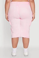 Womens Plus Size Daisy Frayed Hem Denim Cargo Shorts, Pink, Size 3X