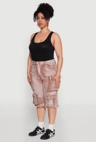 Womens Plus Size Daisy Frayed Hem Denim Cargo Shorts, Brown, Size 2X