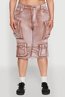 Womens Plus Size Daisy Frayed Hem Denim Cargo Shorts, Brown, Size 2X