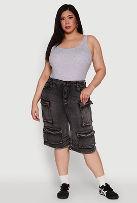 Womens Plus Size Daisy Denim Cargo Pocket Bermuda Shorts, Grey, Size 3X
