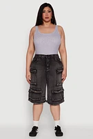 Womens Plus Size Daisy Denim Cargo Pocket Bermuda Shorts, Grey, Size 3X