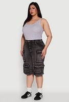 Womens Plus Size Daisy Denim Cargo Pocket Bermuda Shorts, Grey, Size 3X