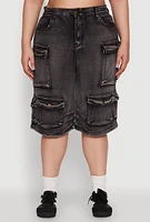 Womens Plus Daisy Denim Cargo Pocket Bermuda Shorts, Grey,