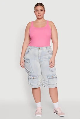 Womens Plus Daisy Denim Cargo Pocket Bermuda Shorts,