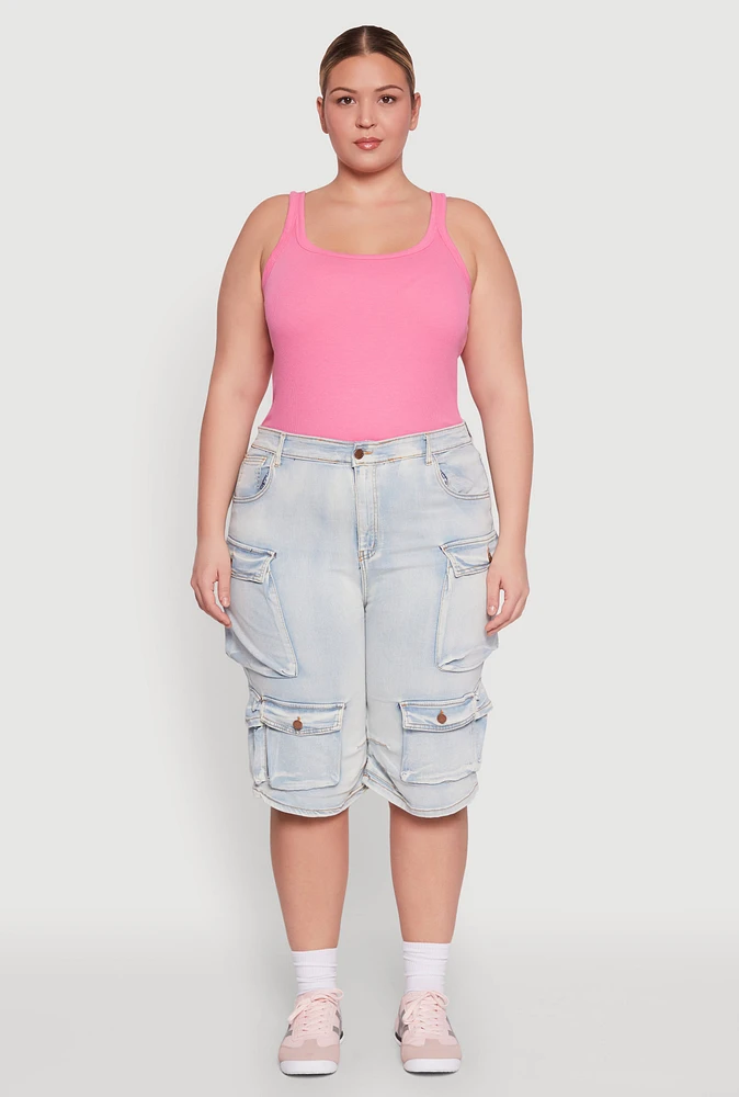 Womens Plus Size Daisy Denim Cargo Pocket Bermuda Shorts, Blue, Size 3X