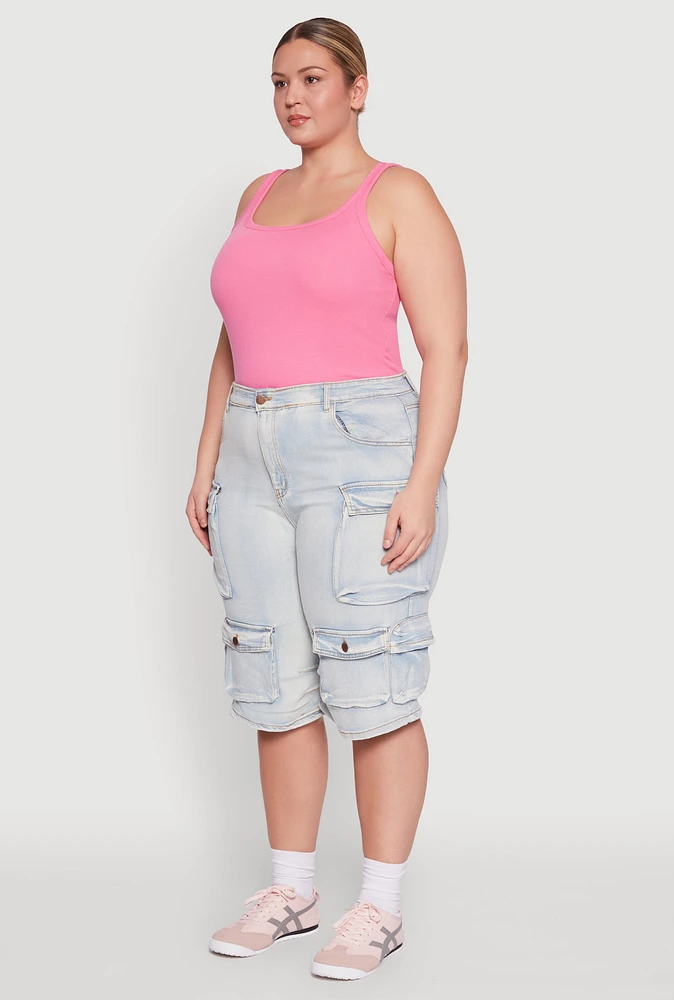 Womens Plus Size Daisy Denim Cargo Pocket Bermuda Shorts, Blue, Size 3X