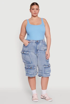 Womens Plus Size Daisy Denim Cargo Pocket Bermuda Shorts, Blue, Size 3X
