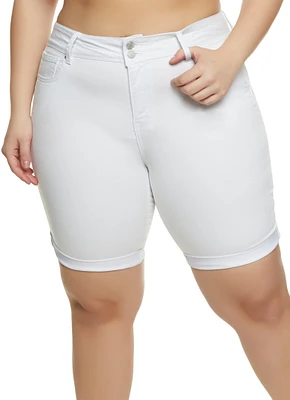 Womens Plus Size Fixed Cuff Denim Bermuda Shorts, White, Size 3X