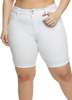 Womens Plus Size Fixed Cuff Denim Bermuda Shorts, White, Size 3X