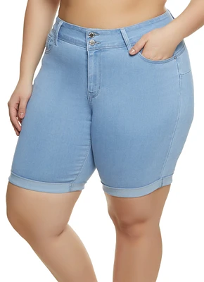 Womens Plus Size Fixed Cuff Denim Bermuda Shorts, Blue, Size 2X