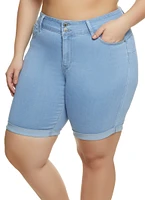 Womens Plus Size Fixed Cuff Denim Bermuda Shorts, Blue, Size 2X