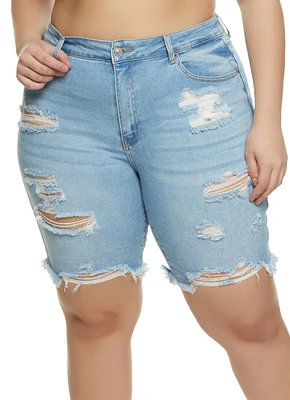 Womens Plus Distressed Denim Bermuda Shorts, Blue,