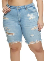 Womens Plus Distressed Denim Bermuda Shorts, Blue,