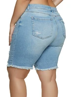 Womens Plus Distressed Denim Bermuda Shorts, Blue,