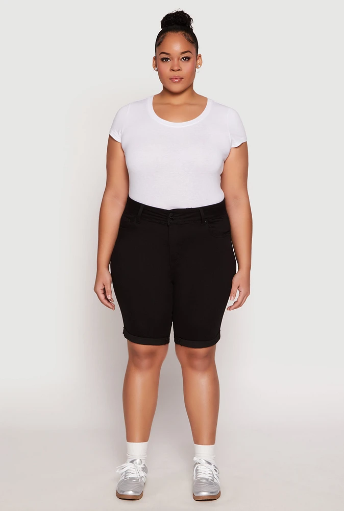 Womens Plus Size WAX Two Button Denim Bermuda Shorts, Black, Size 3X