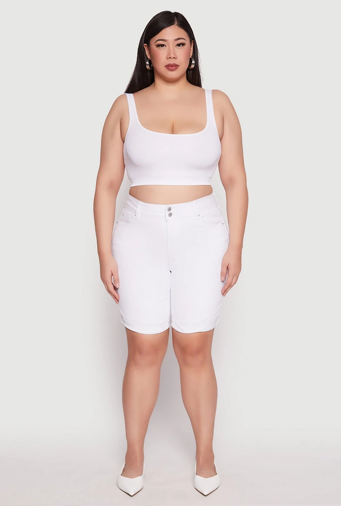 Womens Plus Size WAX Two Button Denim Bermuda Shorts, White, Size 2X