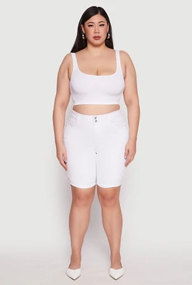 Womens Plus Size WAX Two Button Denim Bermuda Shorts, White, Size 2X
