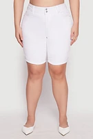 Womens Plus Size WAX Two Button Denim Bermuda Shorts, White, Size 2X