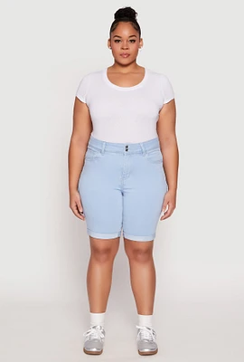Womens Plus Size WAX Two Button Denim Bermuda Shorts, Blue, Size 1X