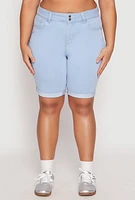 Womens Plus Size WAX Two Button Denim Bermuda Shorts, Blue, Size 1X