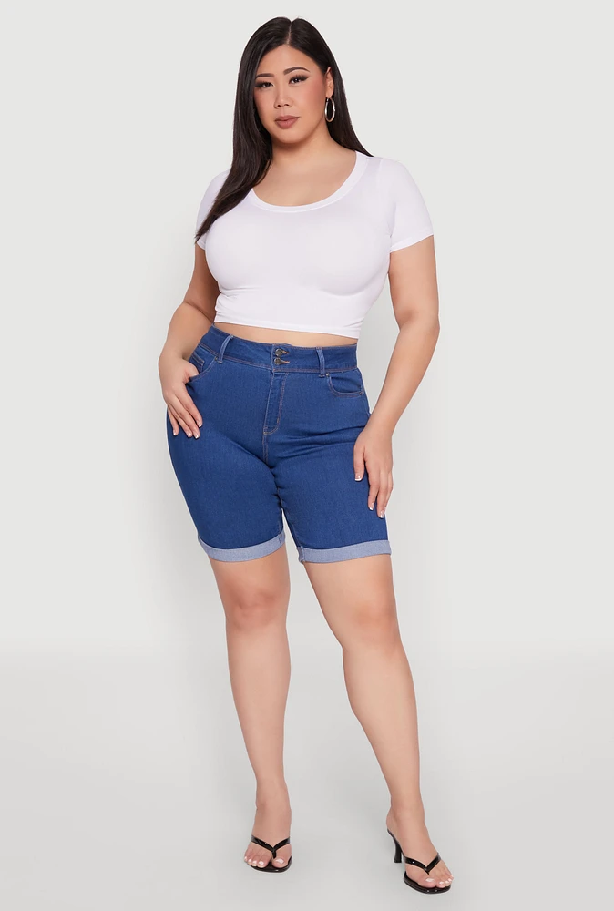 Womens Plus WAX Two Button Denim Bermuda Shorts,