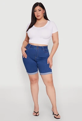 Womens Plus WAX Two Button Denim Bermuda Shorts,