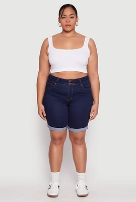 Womens Plus WAX Two Button Denim Bermuda Shorts, 1X