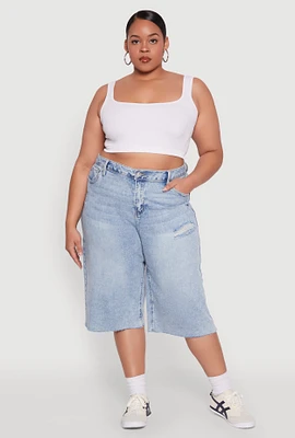 Womens Plus Size Raw Hem Distressed Jorts, Blue, Size 2X