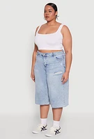Womens Plus Size Raw Hem Distressed Jorts, Blue, Size 2X