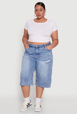 Womens Plus Size Raw Hem Distressed Jorts, Blue, Size 3X