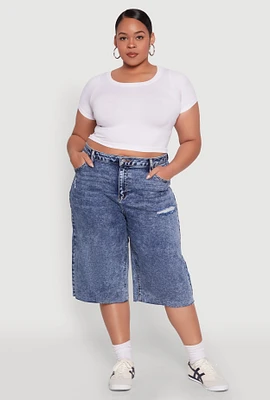 Womens Plus Raw Hem Distressed Jorts, Blue,