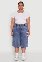Womens Plus Size Raw Hem Distressed Jorts, Blue, Size 3X