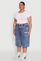 Womens Plus Raw Hem Distressed Jorts, Blue,