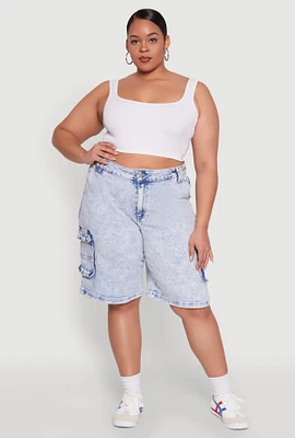 Womens Plus Size WAX Mineral Wash Cargo Jorts, Blue, Size 2X