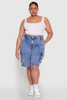 Womens Plus Size WAX Mineral Wash Cargo Jorts, Blue, Size 1X