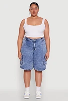 Womens Plus Size WAX Mineral Wash Cargo Jorts, Blue, Size 1X