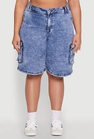 Womens Plus Size WAX Mineral Wash Cargo Jorts, Blue, Size 1X