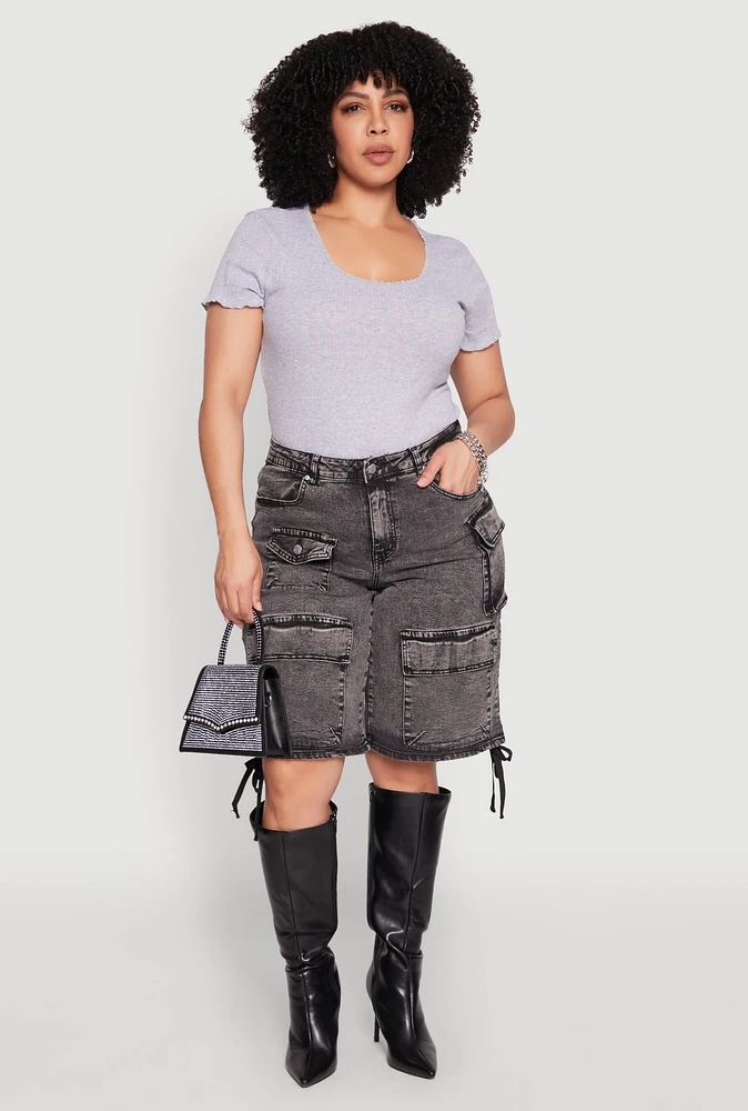 Womens Plus Size Almost Famous Acid Wash Cargo Bermuda Shorts, Grey, Size 16