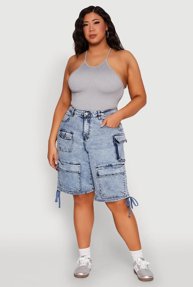 Womens Plus Size Almost Famous Acid Wash Cargo Bermuda Shorts, Blue, Size 22