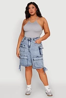 Womens Plus Size Almost Famous Acid Wash Cargo Bermuda Shorts, Blue, Size 22