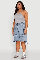 Womens Plus Size Almost Famous Acid Wash Cargo Bermuda Shorts, Blue, Size 22