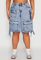 Womens Plus Size Almost Famous Acid Wash Cargo Bermuda Shorts, Blue, Size 22